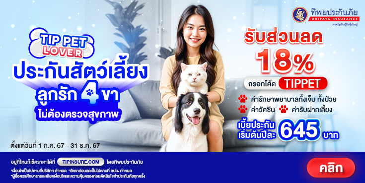 ซื้อประกันภัยสัตว์เลี้ยง TIP PET LOVER กรอกโค้ดรับส่วนลดเบี้ยประกันภัย 18%