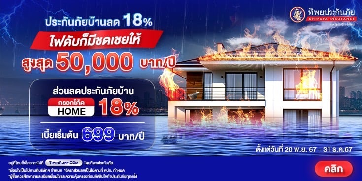 ซื้อประกันอัคคีภัยบ้านทิพยยิ้มได้พลัส รับส่วนลด 18%