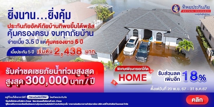 ซื้อประกันอัคคีภัยบ้านทิพยยิ้มได้พลัส รับส่วนลด 18%