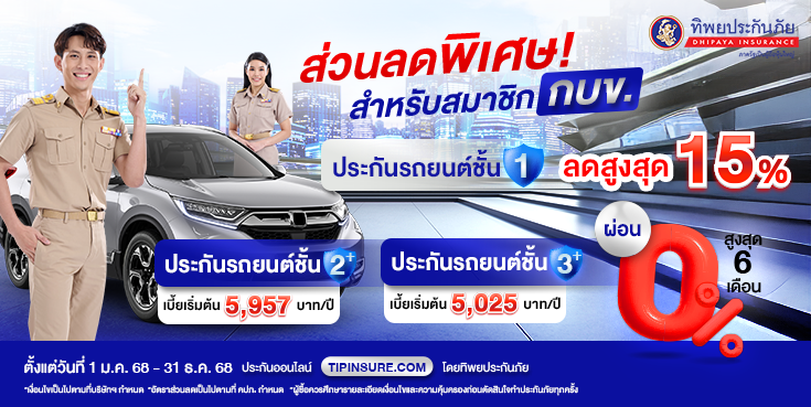 ส่วนลดพิเศษสำหรับสมาชิกกบข. ประกันชั้น 1 ลดสูงสุด 15%