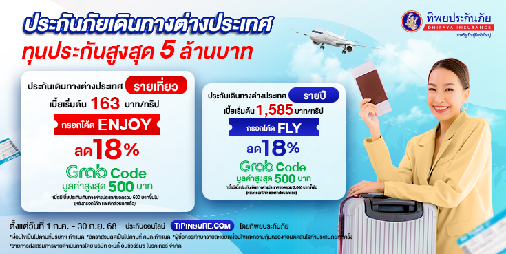 ซื้อประกันเดินทางต่างประเทศรับส่วนลด 18% และ Grab Code มูลค่าสูงสุด 500 บาท